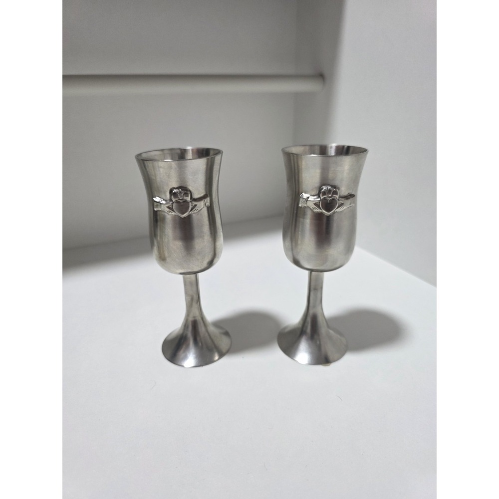 Mullingar Pewter Irish Claddagh Goblets Set of 2 Handcrafted Ireland Wine Cups - Picture 2 of 9